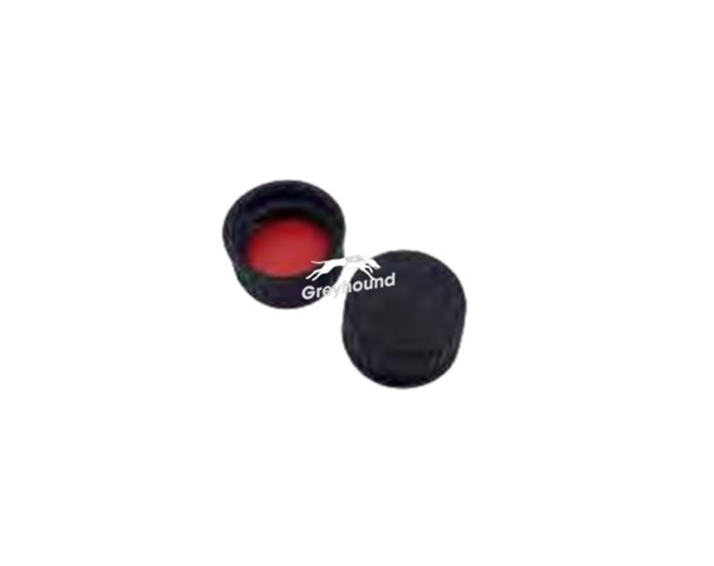 Picture of 18mm Polypropylene Solid Top Screw Cap (Black) with Grey PTFE/Red Butyl Septa, 1.6mm, (Shore A 55)